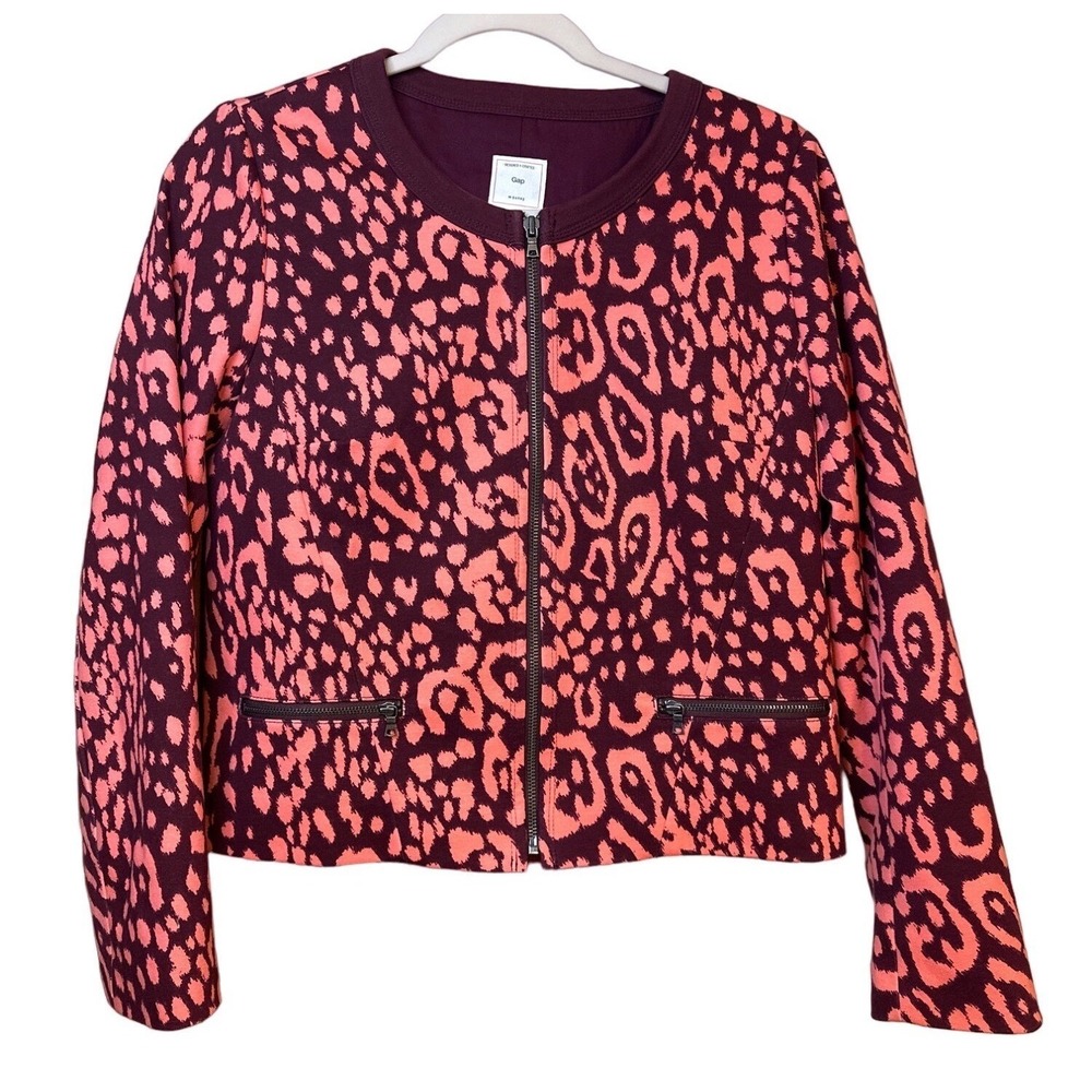 Gap Jacket Pink Leopard Print Full Zip Moto Style‎ Pockets Size 8 Women Layering